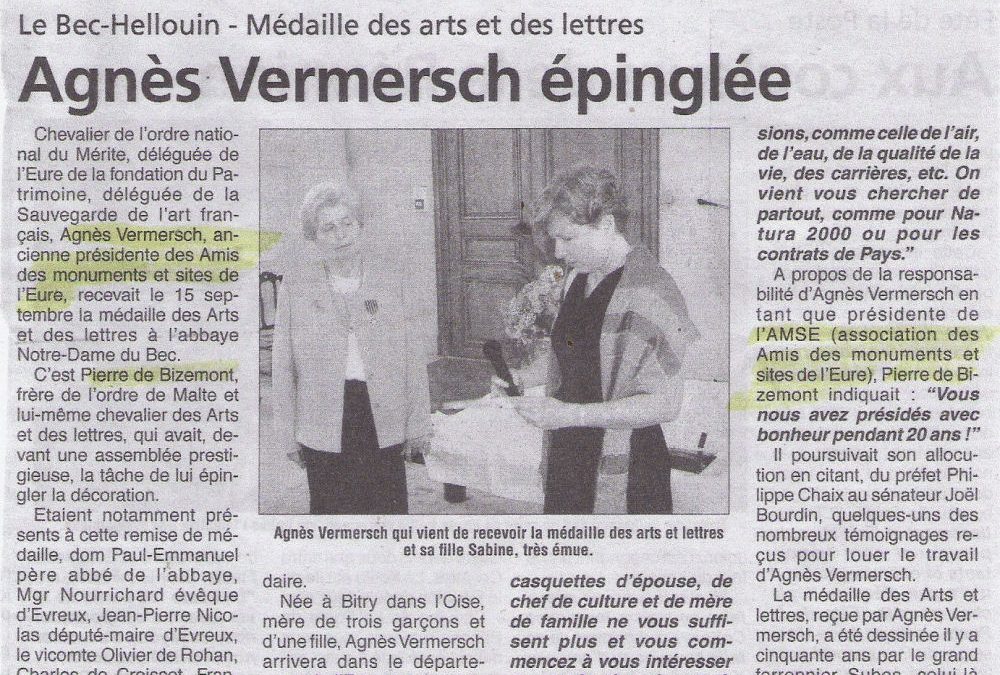 Agnès Vermersch épinglée – Médaille des arts et des lettres